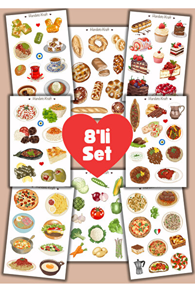 Handeto Kraft Yemek ve tatlı Çoklu Sticker, 8li sticker, 8x12 cm, çıkartma, b...