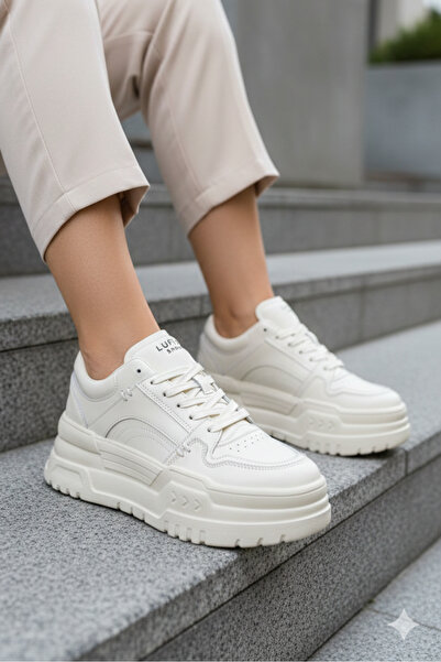 Lufian Hakiki Deri Bağcıklı Comfort Yüksek Taban Kadın Sneaker Ayakkabı Krem