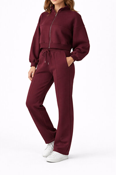MegaLifeVision Bordo Fermuarlı Oversize Sweat & Geniş Paça Eşofman Takımı