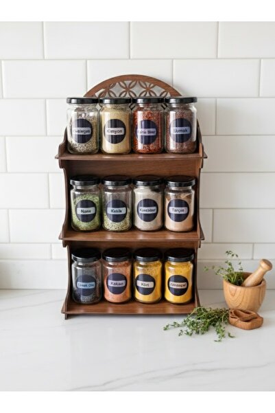 SNM 12 li Cam Kavanozlu Dekoratif MDF Standlı Baharatlık Seti | Ceviz Tonu | ...