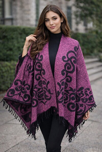 ALDAİR Kadın Kışlık Çift Taraflı Panço Omuz 140x140