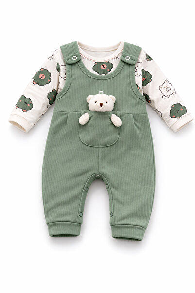 Akcan Corded Fabric Baby Girl Romper with Green Teddy Bear Applique