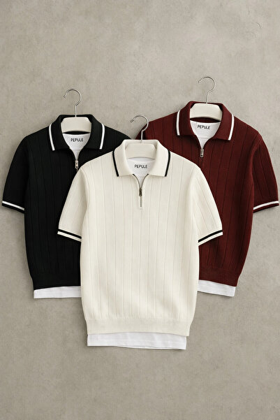 pepule Tricou pentru bărbați, 3 piese, cu guler polo, texturat, cu jumătate d...