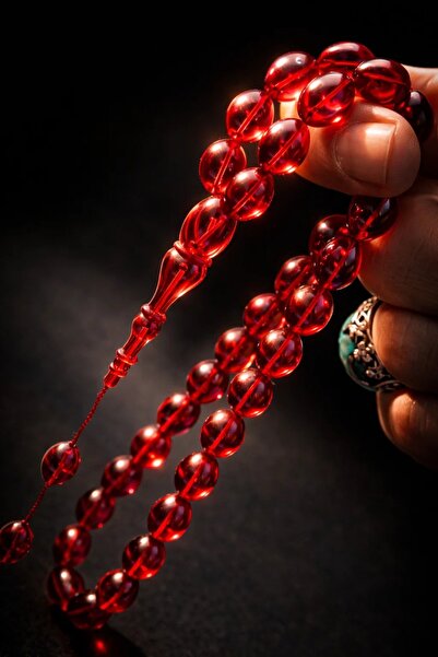 Cemhan Göksal سبحة من حجر العنبر الناري مقاس 9x11 ملم، مصنوعة يدويًا بتصميم خ...