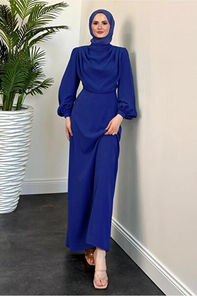 TRENDTESETTÜR KADIN LACİVERT (SAKS) DEGAJE YAKA ABİYE ELBİSE T 5895-1