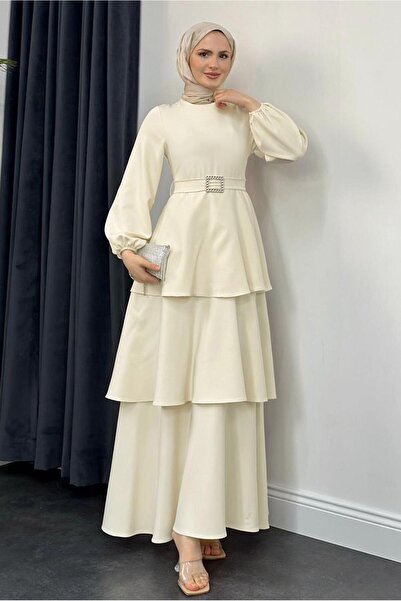 TRENDTESETTÜR KADIN KREM KEMERLİ KATLI ELBİSE T 3821