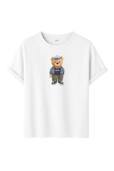 DK DAKSEL تي شيرت رجالي مطبوع باللون الأبيض الأساسي تيدي بير Dks4192