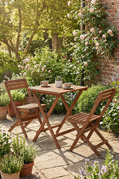 Reyo Ceviz Gürgen Katlanır 3'lü Bistro Set Balkon Bahçe Masa Sandalye Seti (M...