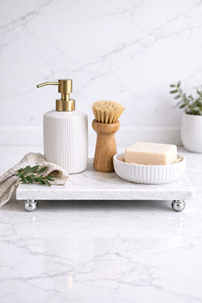 MUGU KÜÇÜK/MİDİ)10x20 Ölçüsünde Gri Misket Ayaklı Mermer Yağlık Altı Stand Su...