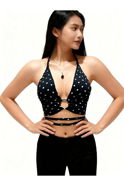 quella atelier Puantiyeli Dekolteli Bağlama Detaylı Crop Büstiyer