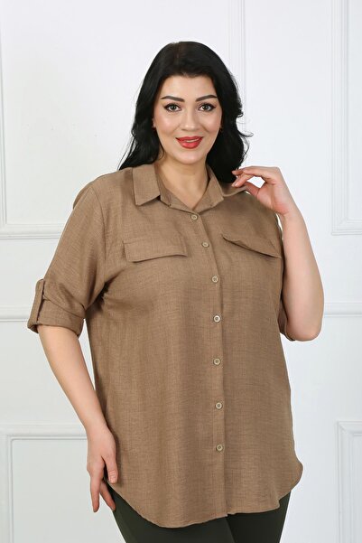 By Alba Collection Kadın Vizon Kapak Cepli Soft Keten Büyük Beden Gömlek
