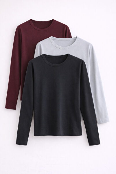 COMBİNE MİCHAİL بلوزة نسائية قطنية أساسية ضيقة بأكمام طويلة مكونة من 3 قطع