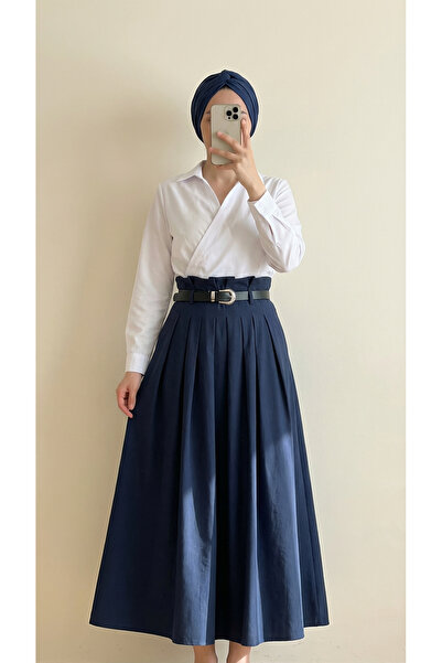 MİHRA STORE Luna Pileli Kemerli Modal Etek-BN4610 Lacivert