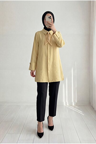 MİHRA STORE Adıgül Gizli Patlı Fularlı Kol Manşetli Tunik-ŞA1192 Sarı