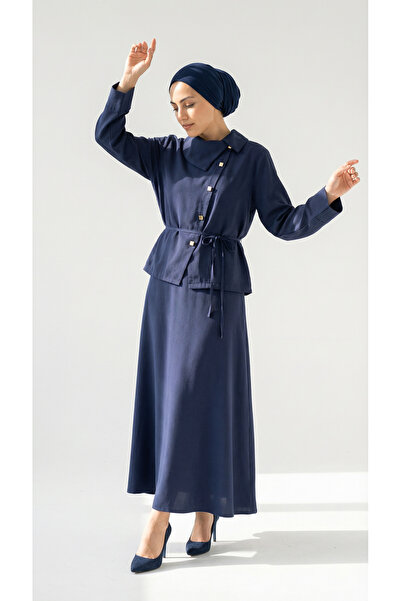 MİHRA STORE Σετ φούστας Jülide με γιακά και σταυρωτά κουμπιά-AS102 Ναυτικό μπλε