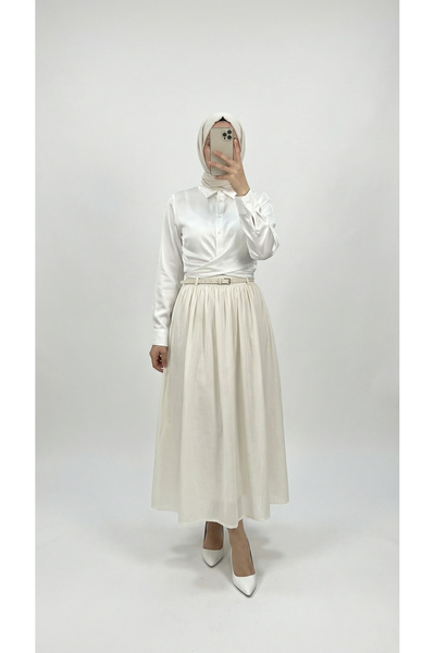 MİHRA STORE Bilge Büzgülü Kemerli Vual Etek-EK747 Beyaz