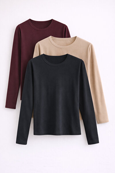 COMBİNE MİCHAİL بلوزة نسائية قطنية أساسية ضيقة بأكمام طويلة مكونة من 3 قطع