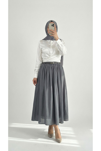 MİHRA STORE Bilge Büzgülü Kemerli Vual Etek-EK747 Antrasit