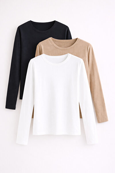 COMBİNE MİCHAİL بلوزة نسائية قطنية أساسية ضيقة بأكمام طويلة مكونة من 3 قطع