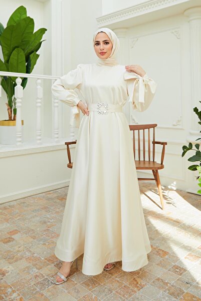 hakimoda الحجاب الكفة الدانتيل يصل حزام حجر الساتان مساء اللباس إكرو