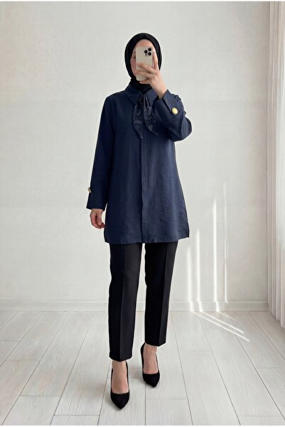 MİHRA STORE Adıgül Gizli Patlı Fularlı Kol Manşetli Tunik-ŞA1192 Lacivert