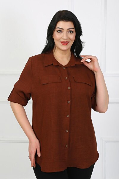 By Alba Collection Дамска кафява ленена риза с джобове и капак, големи размери