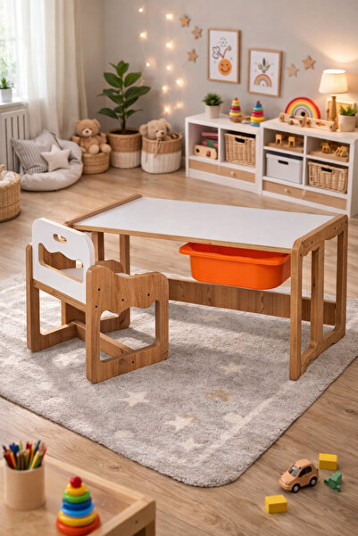 Industrial Living Montessori Tek Kişilik Masa Sandalye Takımı, 18mm Ceviz-Bey...