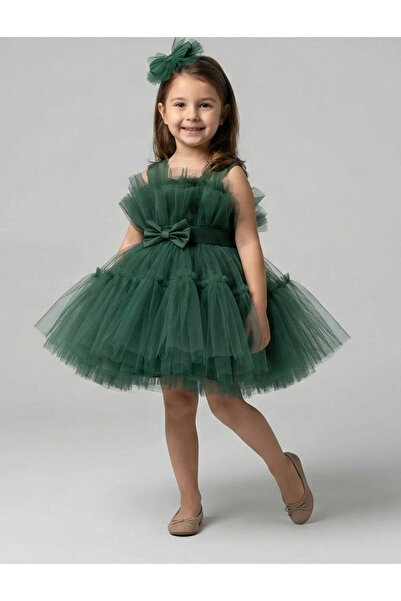 ELLUSSİ Kız Çocuk Zümrüt Yeşilli Şeffaf Üst Ön Fiyonk Detaylı Kemerli Kabarık