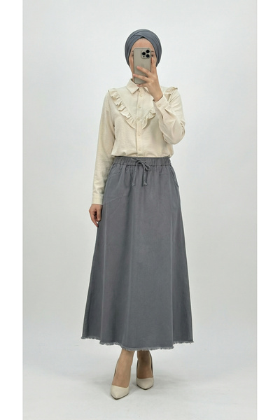 MİHRA STORE تنورة فيونا ذات ستة أهداب من الجبردين-MA4281 أنثراسيت