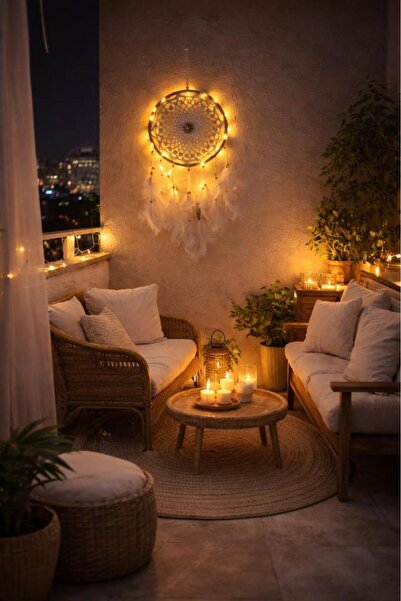 Hd Marketim Led Işıklı Düş Kapanı Dreamcatcher Beyaz Kuş Tüyü Rüya Kapanı Duv...