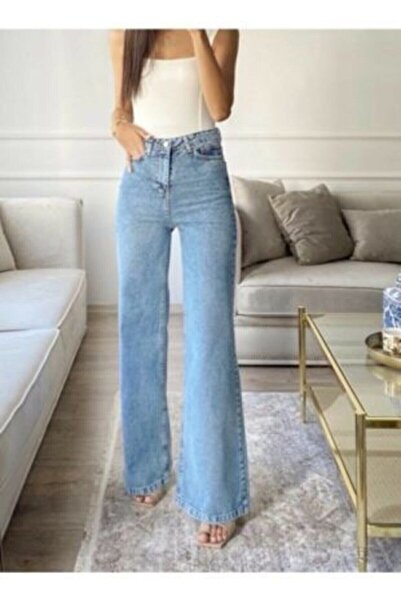 Trn JNS X Blue Mid Snow 90's Lycra Super ψηλόμεσο φαρδύ τζιν παντελόνι Palazz...