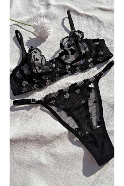 RUYAZ TEKSTİL Black Bra Set Transparent Heart Embroidered Bralette Thong