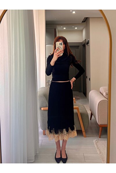 Butik Dantelli Siyah Kalem Etek %100 Pamuk