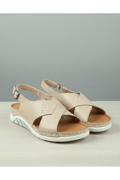 İLOLİCA Inner and Outer Genuine Leather Padded Sole Beige Women's Sandals