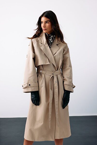 Sateen Trenci lung cu curea - Bej