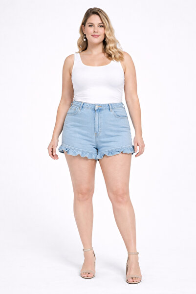 Şans Kadın Büyük Beden Mavi Paça Detaylı 5 Cepli Kot Şort 65N38915