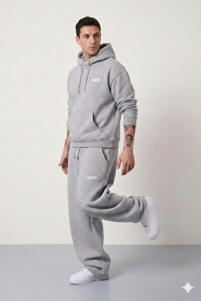 NİCE Ανδρικό Σετ Φόρμας με Φαρδιά Μπατζάκια και Σχέδιο, Σετ Μπλούζα και Παντε...