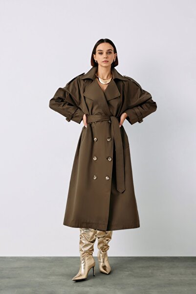 Sateen معطف طويل بحزام - كاكي