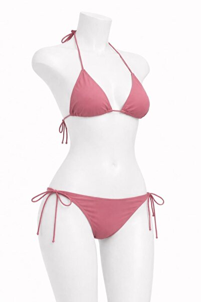 VAJESTO Kadın Gül Kurusu Likralı Yandan Boyundan Bağlamalı Şık İpli Üçgen Bik...