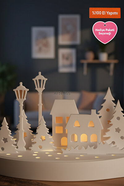 Arteliss Kar Evi Manzarası Tealight Mumlu Standlı Dekor Seti | Yılbaşı ve Kış...