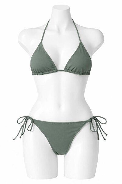 VAJESTO Kadın Haki Likralı Yandan Boyundan Bağlamalı Şık İpli Üçgen Bikini Takım