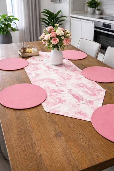TUĞÇE DEMİR HOME DESIGN PEMBE COUNTRY DESEN RUNNER SUPLA (AMERİKAN SERVİS) TAKIM
