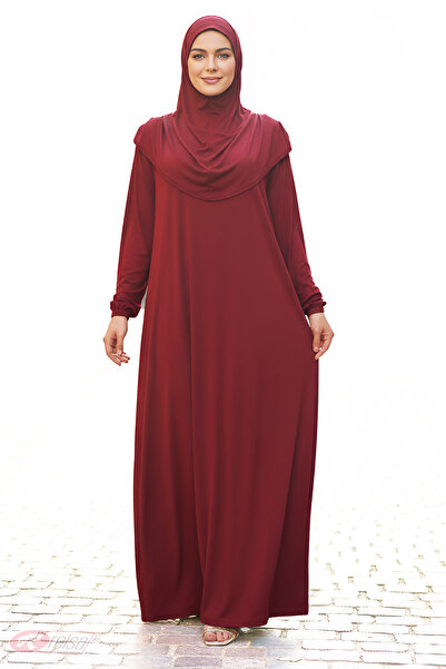 R reisa %100 Pamuk Düz Renk Başörtülü Tek Parça Namaz Elbisesi - Bordo