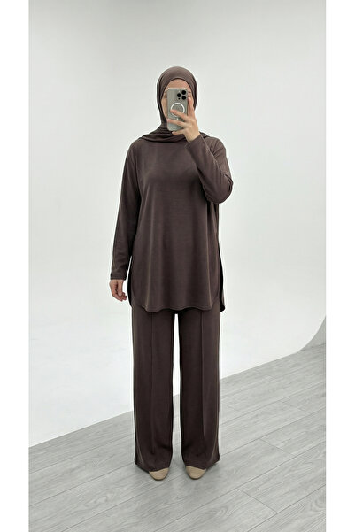 BENAHOLL Yonca Yanları Yırtmaçlı Çımalı Pantolonlu Takım-NL764 Kahve