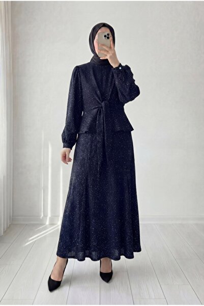 BENAHOLL Buse Önü Bağlamalı Kol Ucu Düğmeli Taşlı Lurex Etekli Takım-EK766 La...