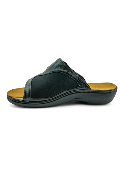 OrtoPlus Kadın Deri Ortopedik Tabanı Çıkan Halluk Valgus Terlik Y1004 SİYAH