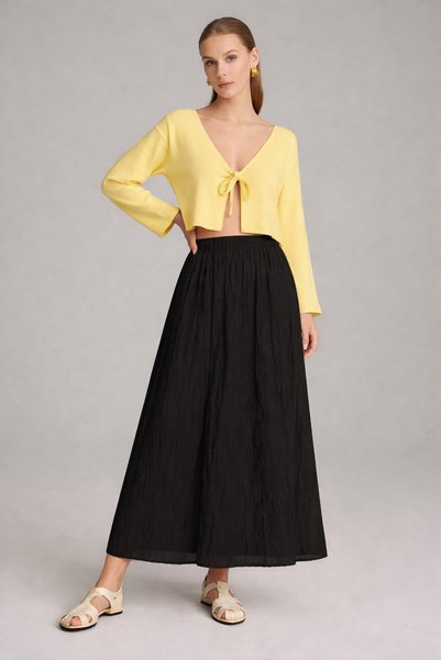Kahra Collection Women's Black Voile Fabric Crinkled Long Lined Crush Skirt