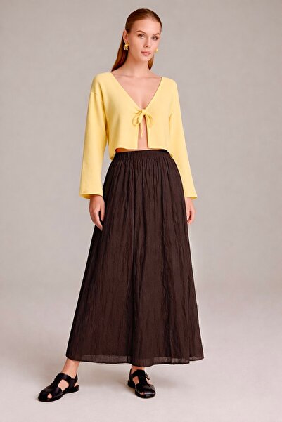 Kahra Collection Women's Bitter Brown Voile Fabric Crinkled Long Lined Skirt