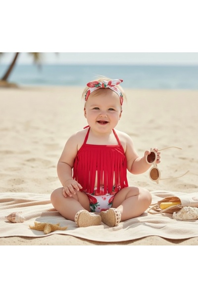 SMP Çilek Desenli Kırmızı Bebek Bikini