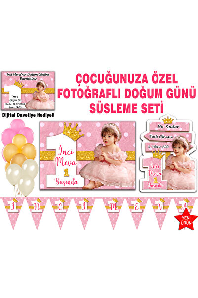 Sunligo Bir Yaş Doğum Günü Süsleme Seti Fotoğraflı Afiş, Flama, Balon Her Yaş...